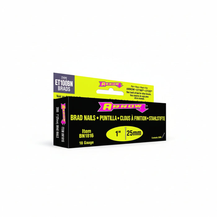 Box of Arrow brad nails with yellow and black design