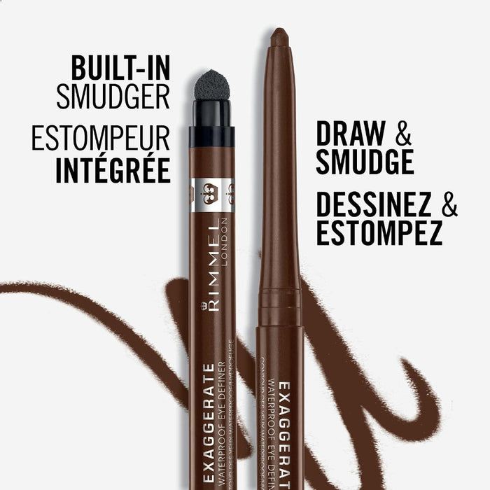 Rimmel Exaggerate Waterproof Eyeshadow Smudge pencil shown in two views on a light gray background with French and English promotional text.