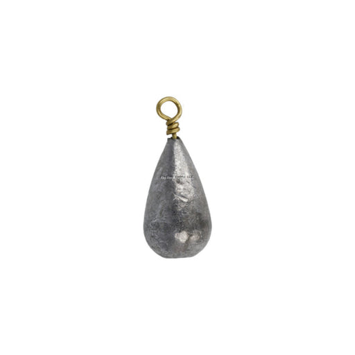 Teardrop-shaped fishing weight with gold ring on a white background