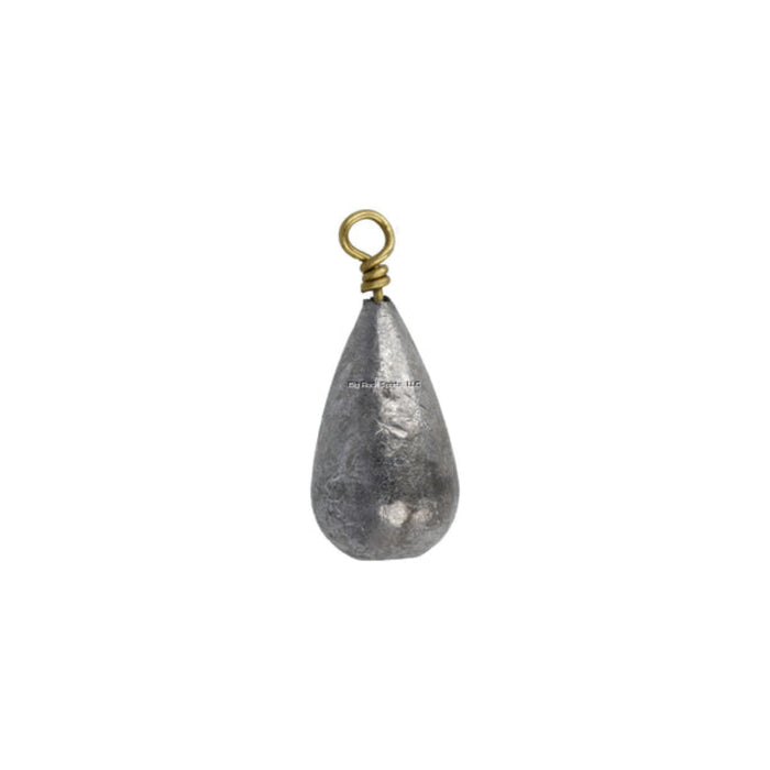 Teardrop-shaped fishing weight with gold ring on a white background