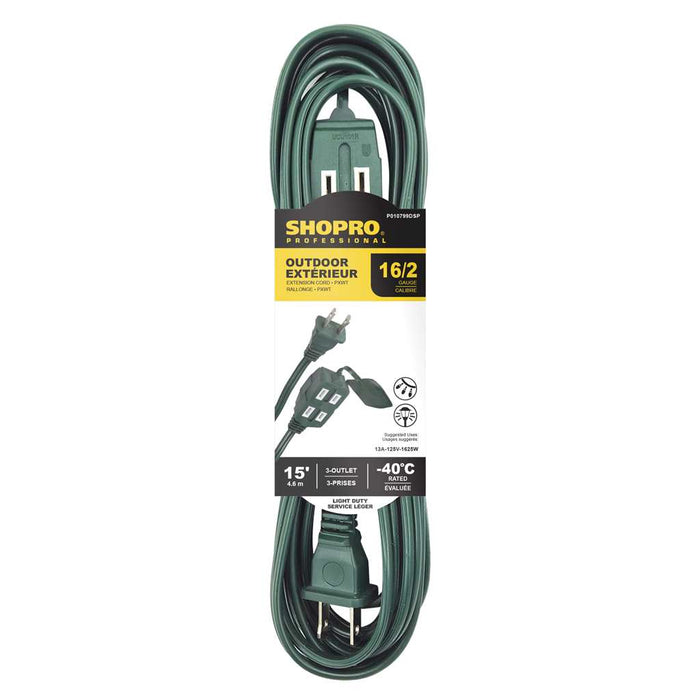 SHOPRO 16/2 3-OUTLET 15' OUTDOOR EXTENSION CORD GREEN