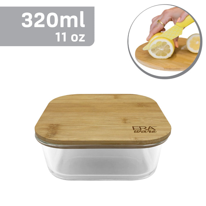 A clear square glass container with a bamboo lid, labeled 'ERAWARE', next to a small inset image showing the container being used to hold lemon slices.