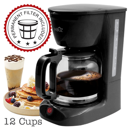 Black coffee maker with a permanent filter included badge, surrounded by coffee and breakfast items.