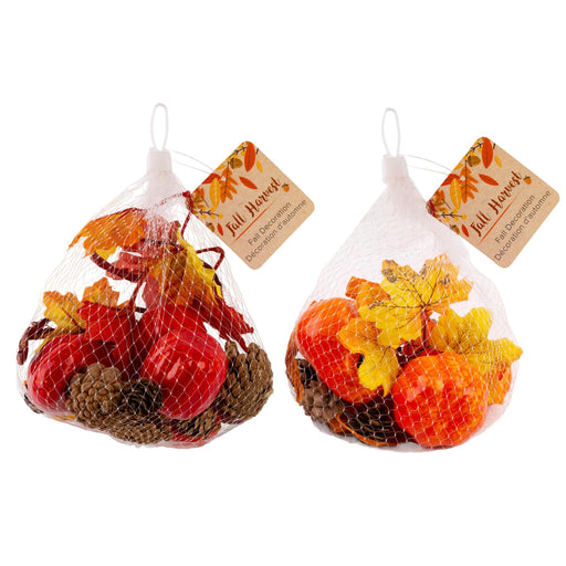 Two mesh bags of Fall Harvest decorative fall foliage and faux produce, including red apples, orange pumpkins, yellow leaves, and brown pinecones, on a white background.