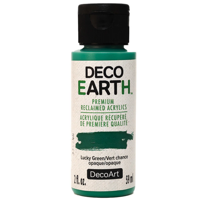 Bottle of Deco Earth acrylic paint in Lucky Green on a white background
