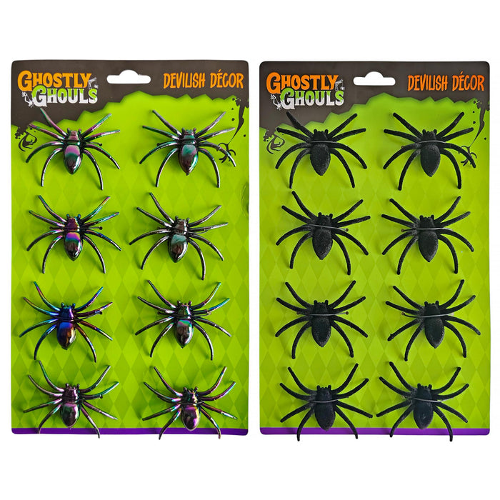 Two Halloween decoration packages of Ghostly Ghouls devils, one set with iridescent metallic spiders and the other with black plastic spiders, on a white background.