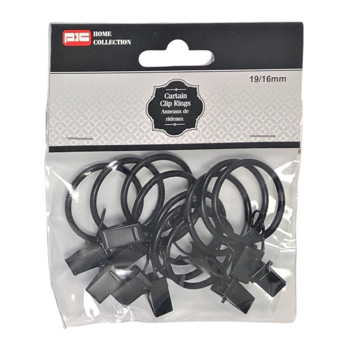 CURTAIN CLIP RINGS - BLACK, 19/16MM, 10PK