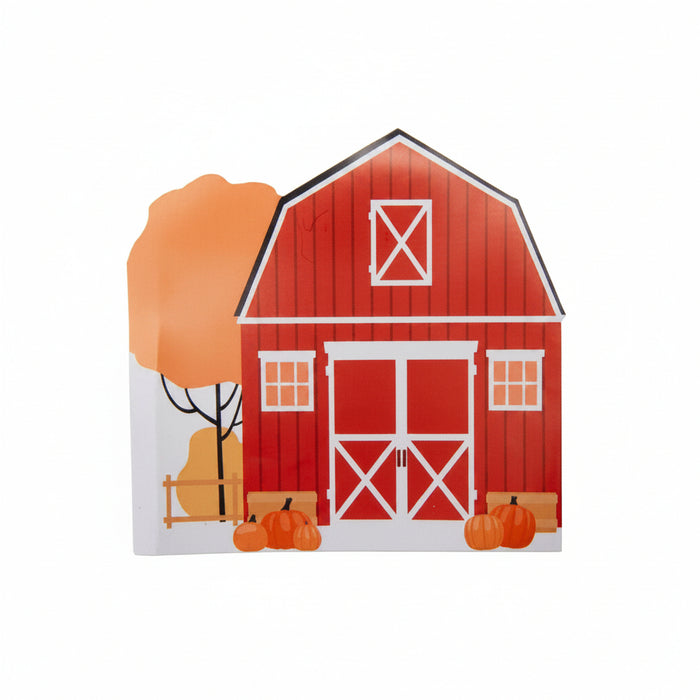 A red barn illustration with white trim, orange pumpkins, and an orange tree on a white background.