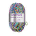 Multicolored yarn ball with 'Knitmore' label on a white background