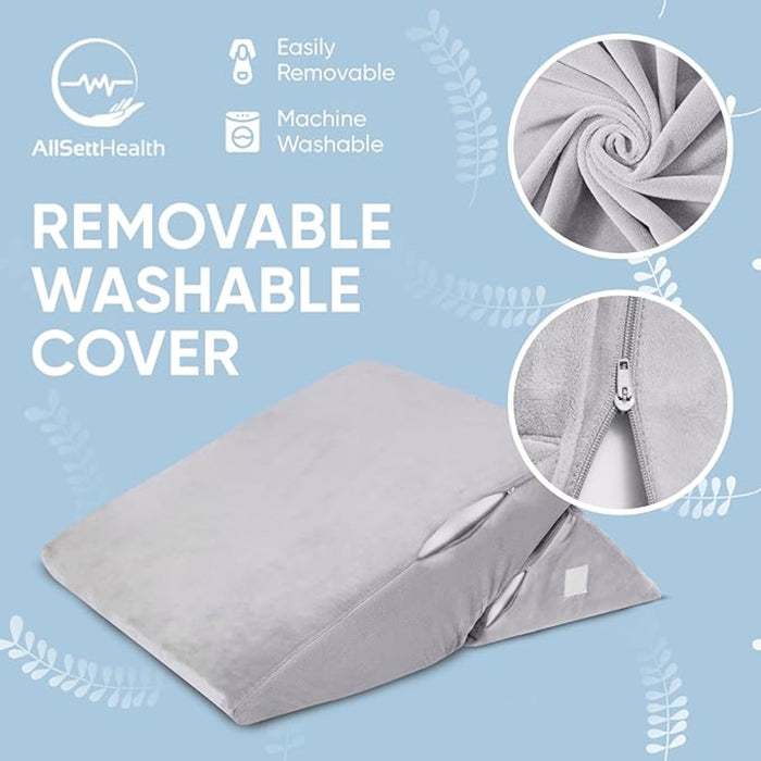 Gray pillow with removable washable cover on a light blue background, featuring AllSettHealth branding.