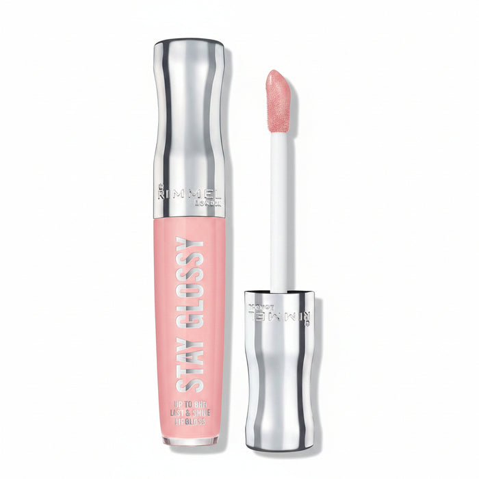 Rimmel London Stay Glossy lip & shine liquid gloss in a light pink shade, shown with its silver cap removed and the applicator wand standing beside it on a white background.