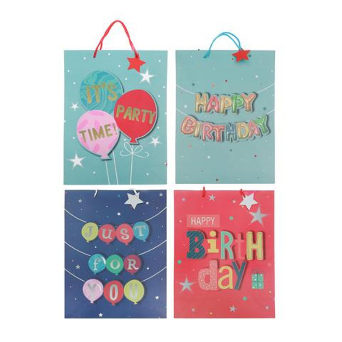 Four colorful birthday gift bags arranged in a 2x2 grid on a white background. The top-left bag is light blue with balloons and the text 'IT'S PARTY TIME!'; the top-right bag is light blue with 'HAPPY BIRTHDAY' in pastel letters; the bottom-left bag is dark blue with 'JUST FOR YOU' in round letters; the bottom-right bag is pink with 'HAPPY Birthday !!!' in multicolor letters.