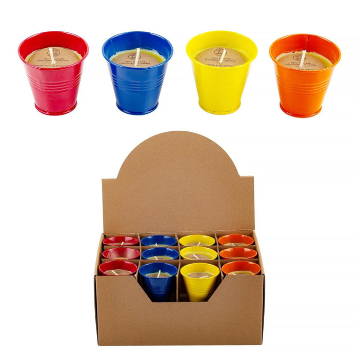 Colorful small candles in metal cups with a cardboard display box.