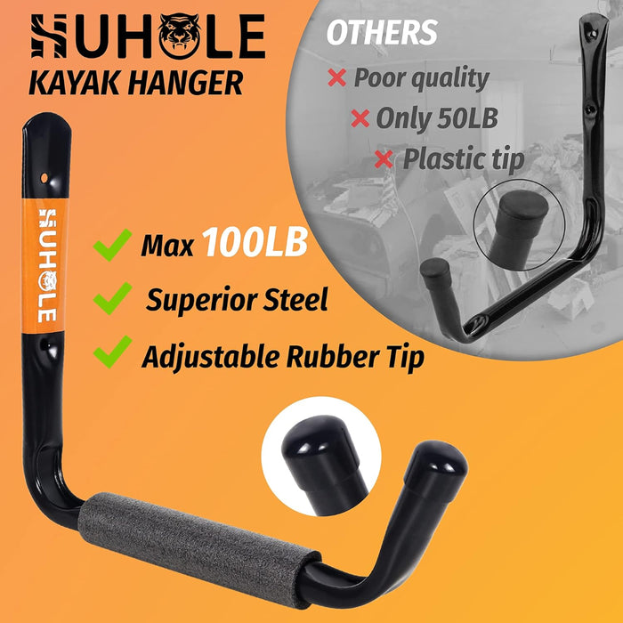 UHOLE kayak hanger with features highlighted on an orange background