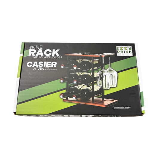 Boxed wine rack with glass holder on a white background