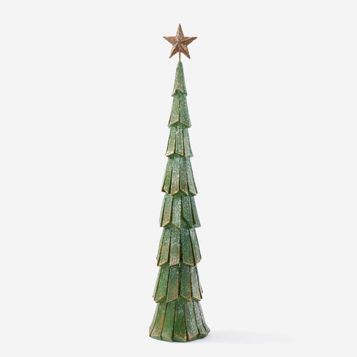 A rustic, tiered metal Christmas tree decoration in a distressed green finish with a bronze star topper, shown against a plain light gray background.