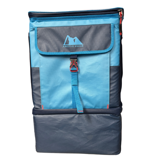 Blue and gray cooler bag with Arctic Zone logo on a white background