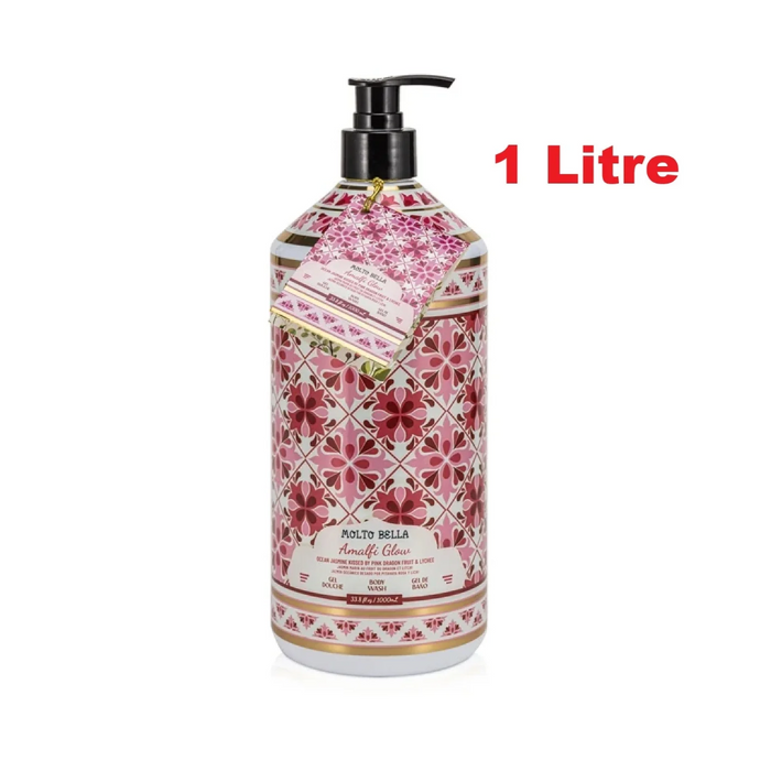 Bottle of Molto Bella product with floral design and pump, labeled as 1 Litre on a white background.