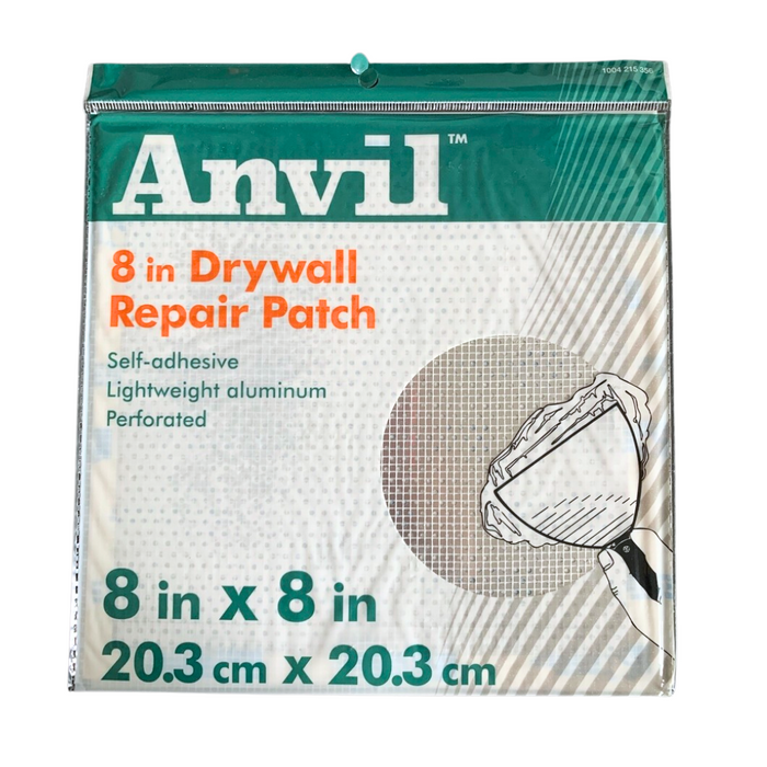 Anvil drywall repair patch packaging with dimensions and features.