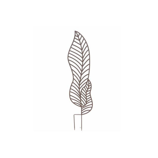 Decorative plant stake with leaf design on a white background