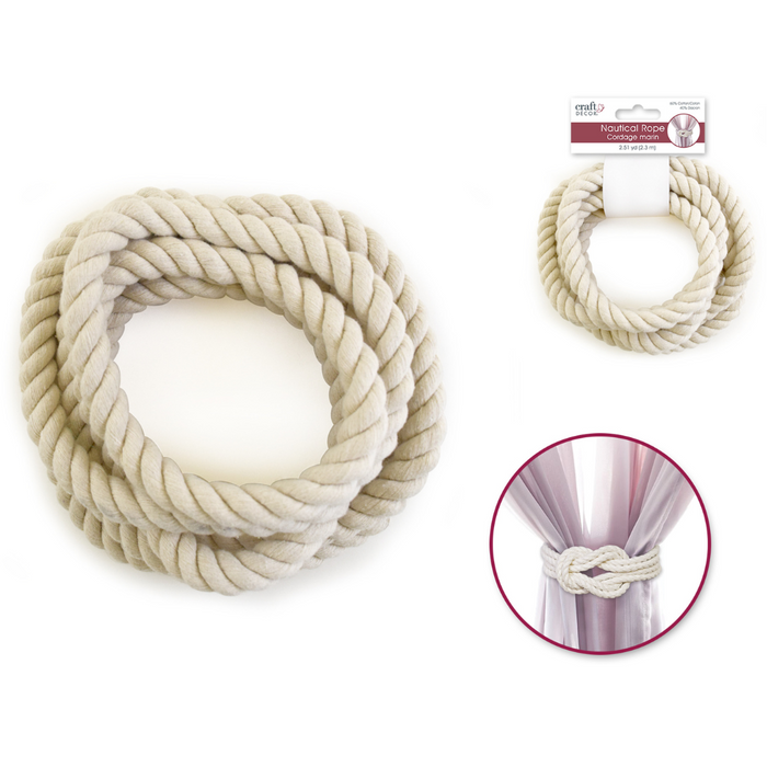 Short cotton nautical rope coil with header card. Includes inset image showing rope used as a curtain tie-back.