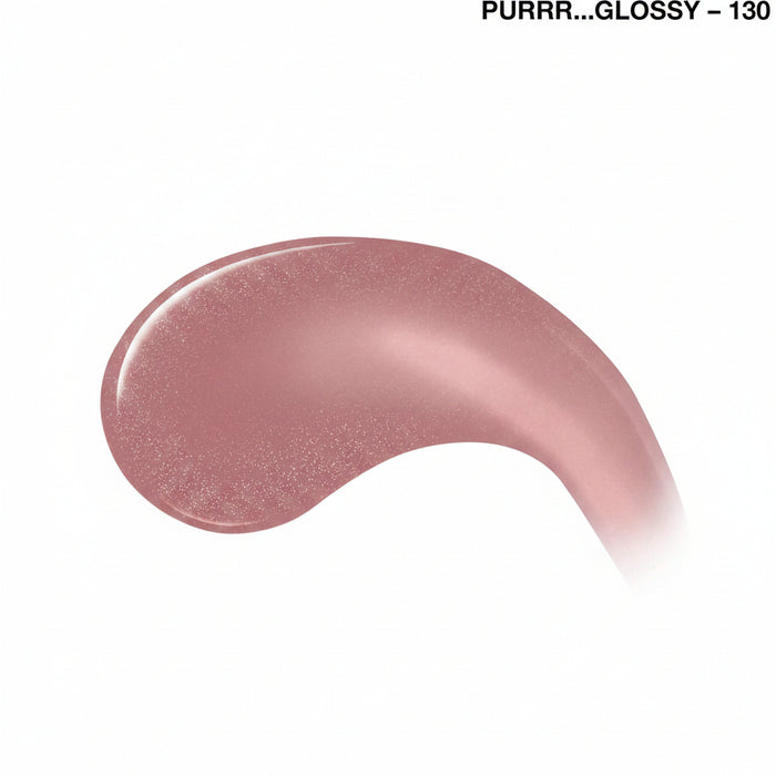 A glossy swatch of dusty rose pink cosmetic product with fine shimmer, labeled 'PURRR.