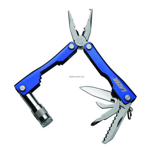 Blue multi-tool with various tools on a white background