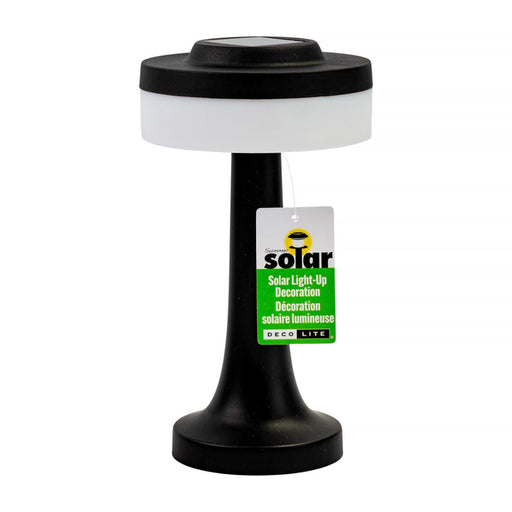 Black solar lamp with a label on a white background