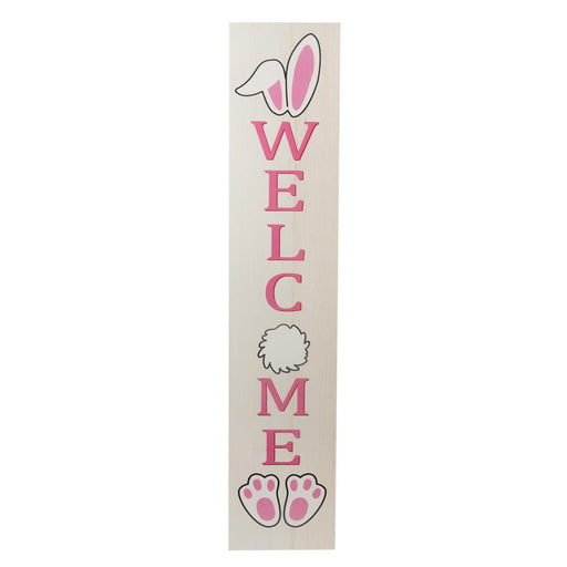 Vertical wooden sign with 'Welcome' text and bunny design on a white background
