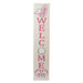 Vertical wooden sign with 'Welcome' text and bunny design on a white background