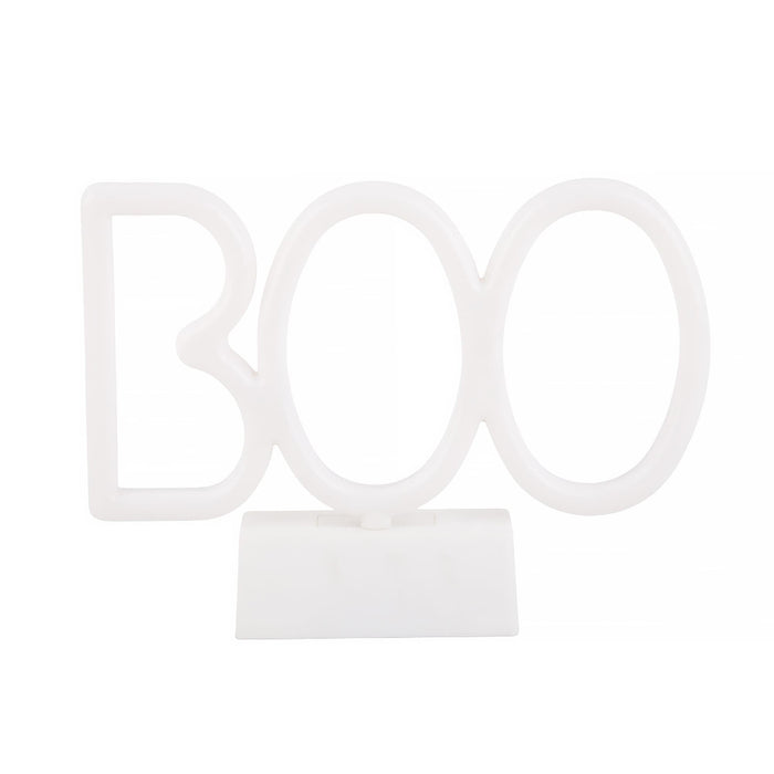 White neon-style decorative sign spelling BOOO with three large looped letters on a rectangular base, shown against a plain white background.