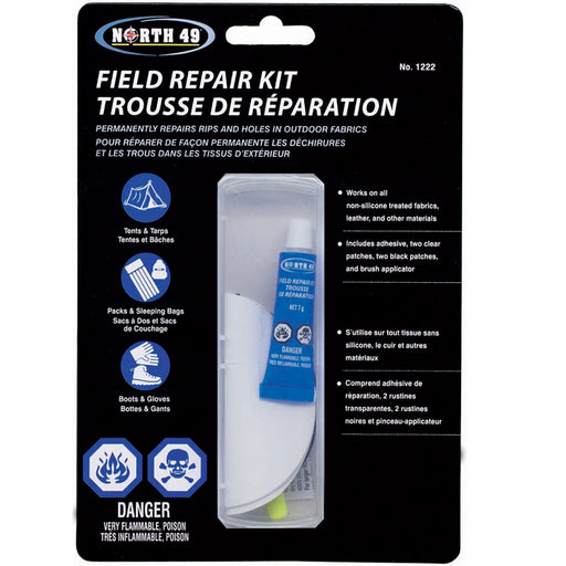 North 49 Field Repair Kit packaging with text and icons on a black background