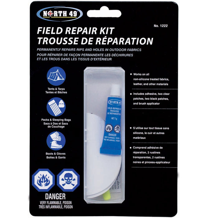 North 49 Field Repair Kit packaging with text and icons on a black background