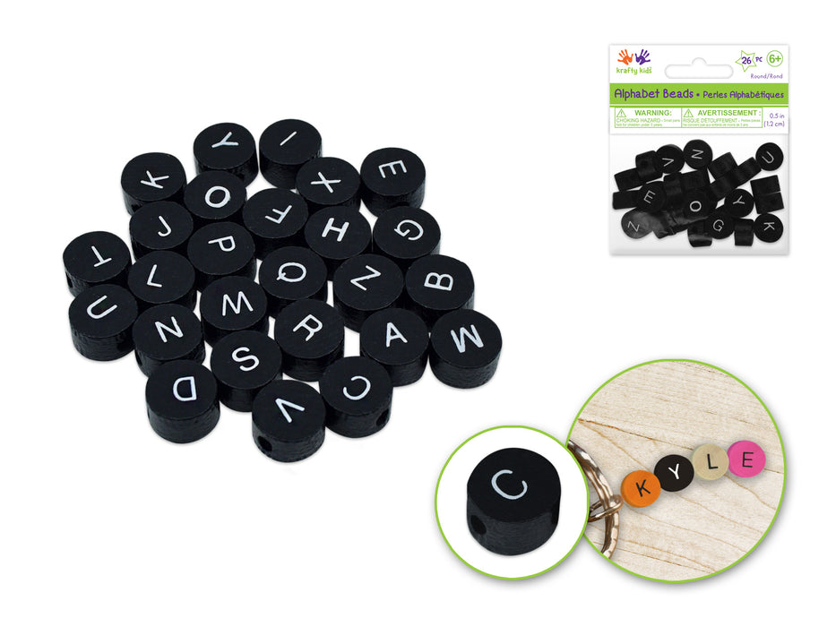 WOOD BEADS : ROUND ALPHABET BEADS 26PC ASST C) BLACK