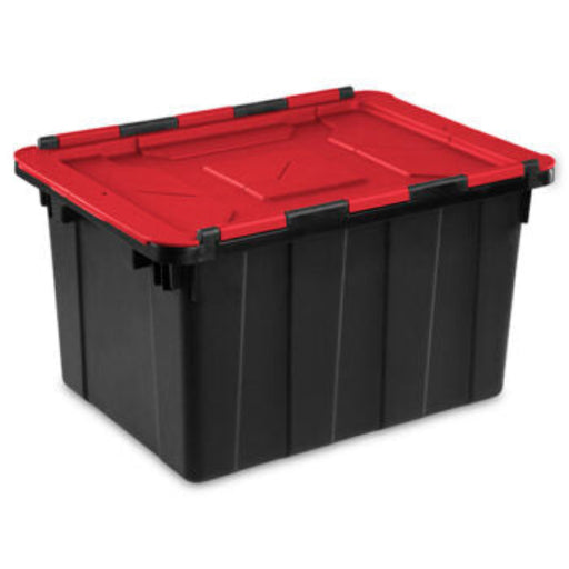 Black storage box with a red lid on a white background