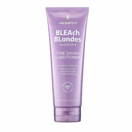 Purple conditioner bottle labeled 'Bleach Blondes' on a white background