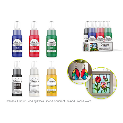 Six bottles of Venecia stained glass paint in bold colors (Royal Blue, Ruby Red, Ivy Green, Bright White, Vivid Yellow, and Liquid Leading Black Liner). Packaging for the 6-piece set is shown alongside finished examples: stained glass-style earrings and a red tulip window panel.