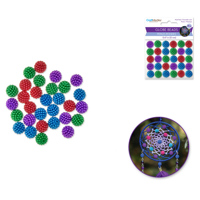 Bold 12mm acrylic globe beads in red, purple, blue, and green. Includes packaging and a sample dreamcatcher decorated with the beads.