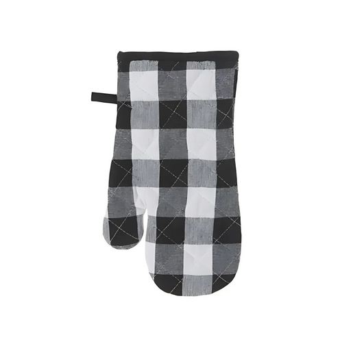 Black, white, and grey buffalo plaid cotton oven mitt with quilted stitching and hanging loop.