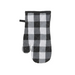 Black, white, and grey buffalo plaid cotton oven mitt with quilted stitching and hanging loop.