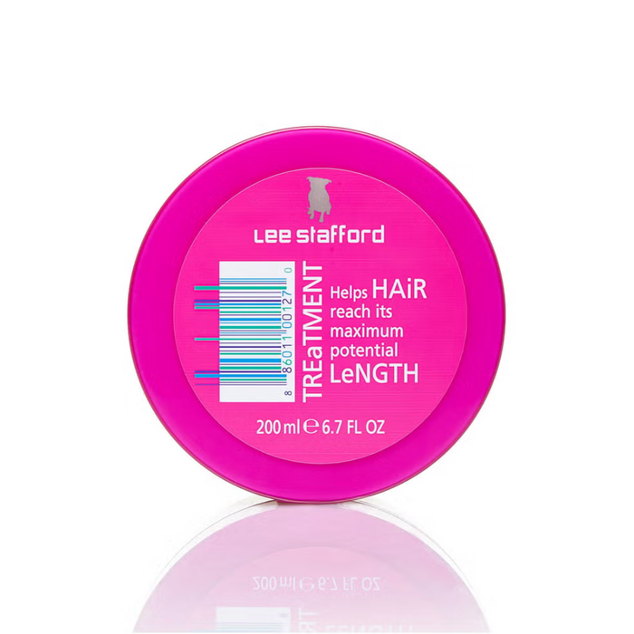 Pink container of Lee Stafford hair treatment on a white background