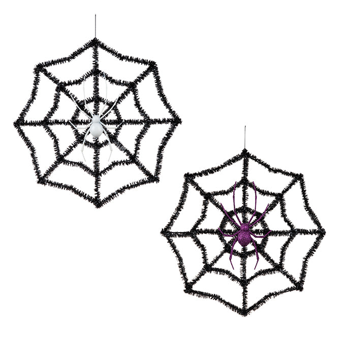BLACK TINSEL SPIDER WEB PLAQUE - 40CM DIAMETER