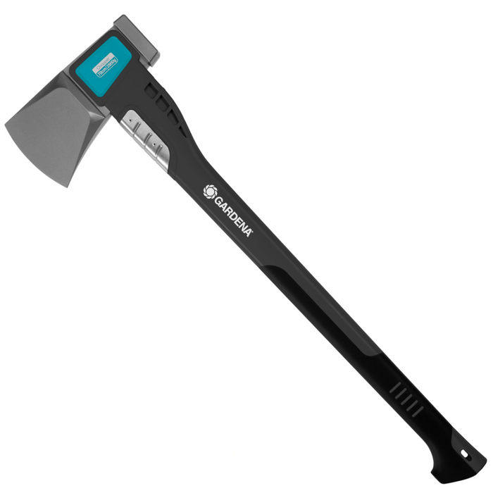 Black axe with a teal head on a white background