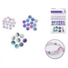 Assortment of iridescent dome-shaped globe beads in purple, teal, blue, and pearl tones. Includes packaging showing “Rainbow Globe Beads” and a sample bracelet made with the beads.