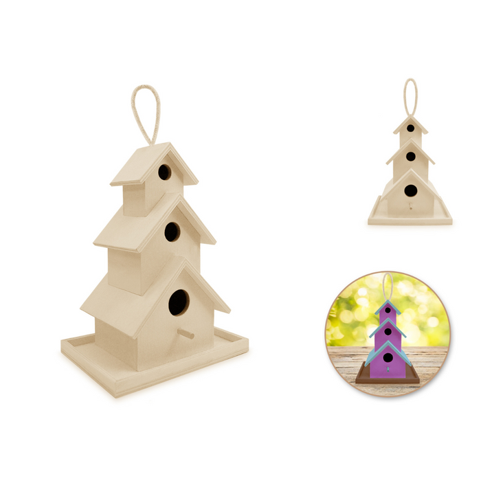 Unfinished wooden 3-story birdhouse with circular entrances on each level, jute hanging loop, and three images including a painted example in bright colors.