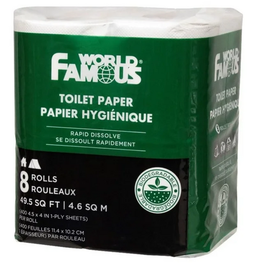 World Famous toilet paper package with green and black design