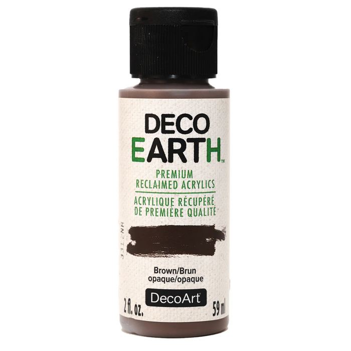 Bottle of DecoArt acrylic paint in brown color on a white background
