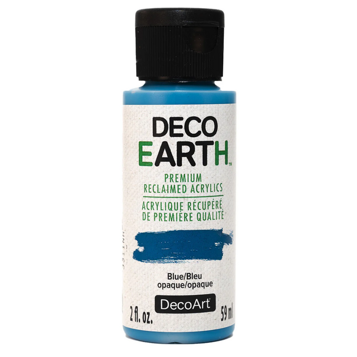 Bottle of DecoArt acrylic paint with blue color swatch on a white background