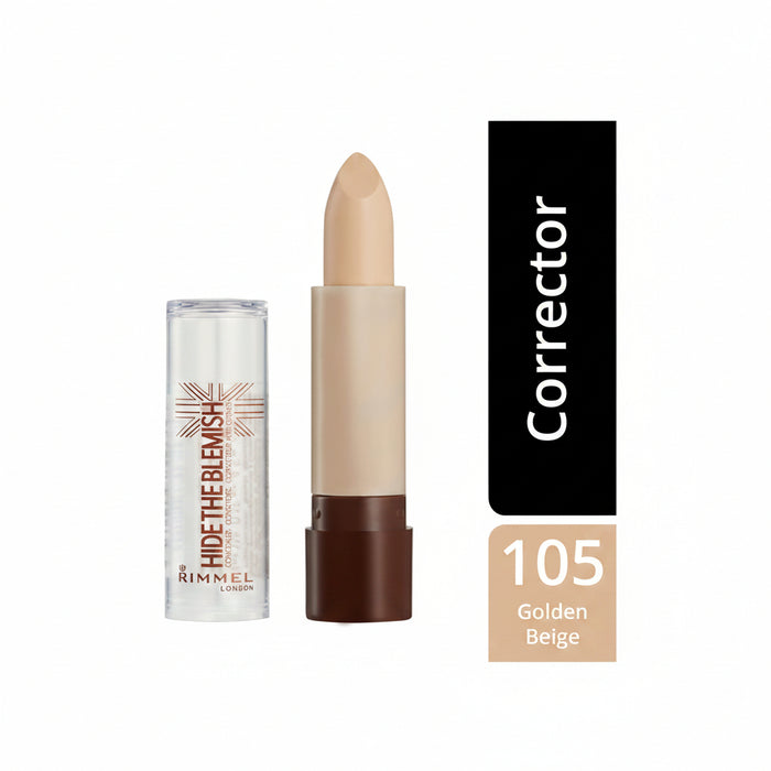 Rimmel London Hide the Blemish Corrector makeup stick in shade 105 Golden Beige, shown with its clear cap and a black vertical label reading 'Corrector' and '105 Golden Beige'.