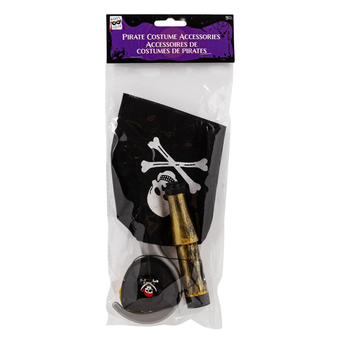 Pirate costume accessories in clear plastic packaging, including a black pirate flag with a white skull and crossbones, a gold-and-black telescope, and a small black pirate hat.